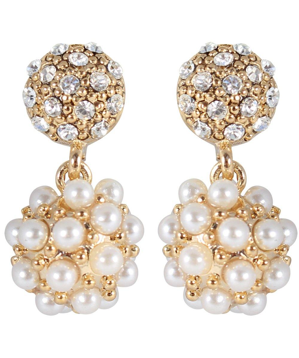 Clip On Pearl Blossom Cluster Gold Drop Earrings