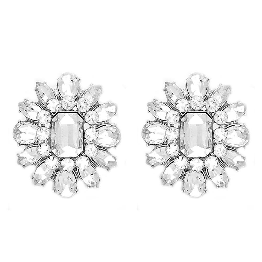 Clip On Large Clear Crystal Blossom Cocktail Stud Earrings
